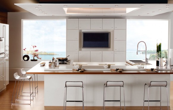 White Traditional Kitchen Amusing White Traditional Kitchen Furnished Kitchen Island With Stools And Curved Faucet Installed On Wooden Striped Glossy Floor Kitchens Various French Kitchen Styles In Pretty Layout