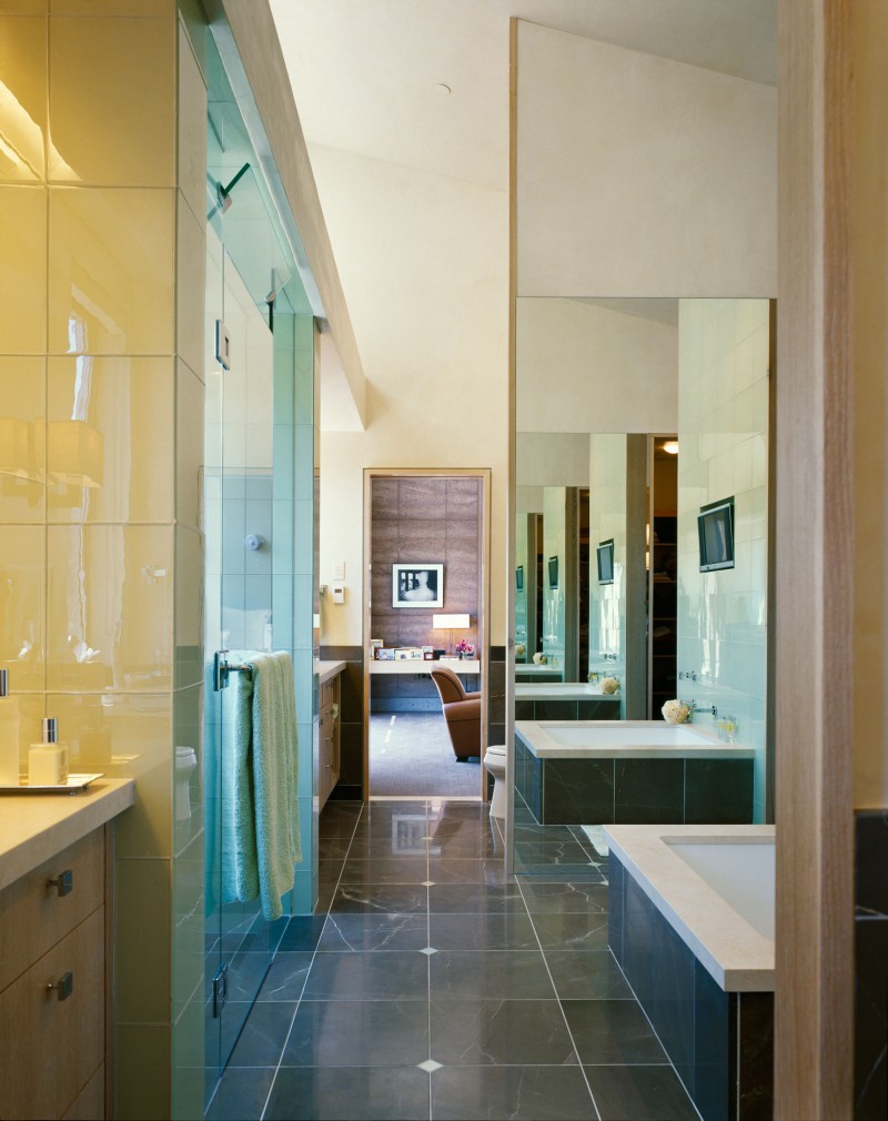 Bathroom In With Appealing Bathroom In Lord Residence With White Tub And Wooden Vanity Near The Glass Shower Space Architecture  Unique Pond House Design For Your Private Relaxing Place