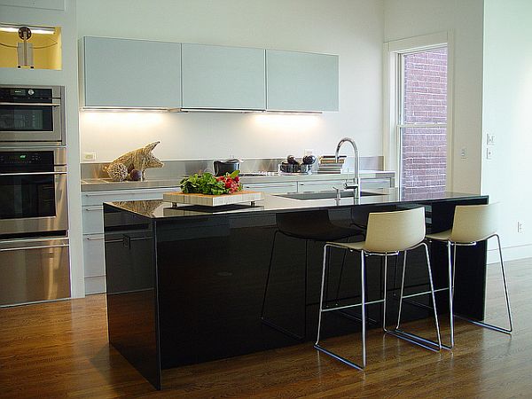 Modern Kitchen On Appealing Modern Kitchen Design Installed On Wooden Glossy Floor Involved Iron Stools And Silver Black Refrigerator Kitchens Fascinating Kitchen Decoration That Transform The Home Into Modern Design
