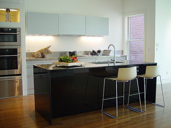 Modern Kitchen On Appealing Modern Kitchen Design Installed On Wooden Glossy Floor Involved Iron Stools And Silver Black Refrigerator Kitchens  Fascinating Kitchen Decoration That Transform The Home Into Modern Design