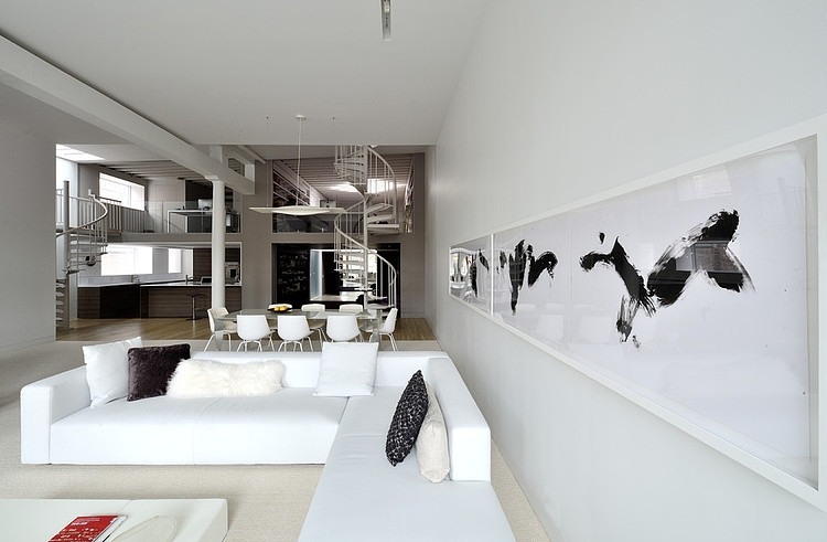 Black And Art Artistic Black And White Wall Art Studded On Center Wall Of Broadway Duplex Loft David Hotson Architect Apartments Magnificent Duplex Loft Interior With Minimalist Furniture