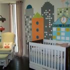 Kids Room Wallpaper Attractive Kids Room With Cityscape Wallpaper And Black And White Crib Near The Cozy Chair On Wooden Floor Kids Room Fantastic Kids Room Decoration That Make Imaginations Come True