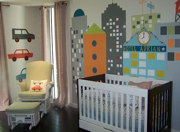 Kids Room Wallpaper Attractive Kids Room With Cityscape Wallpaper And Black And White Crib Near The Cozy Chair On Wooden Floor Kids Room Fantastic Kids Room Decoration That Make Imaginations Come True