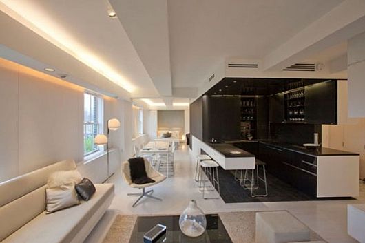 Colored Bar Corner Black Colored Bar Spot Fulfilling Corner Space Of Contemporary Apartment With LED Mood Lighting Installed On White Painted Ceiling Decoration  Perfect Black And White Room Design Combined With LED Lighting