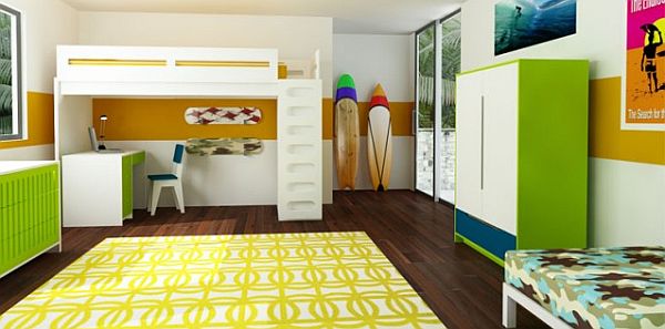 Colored Green Yellow Bright Colored Green White And Yellow Children Room With White Loft Bed And White Desk On Hardwood Floor Kids Room Fantastic Kids Room Decoration That Make Imaginations Come True
