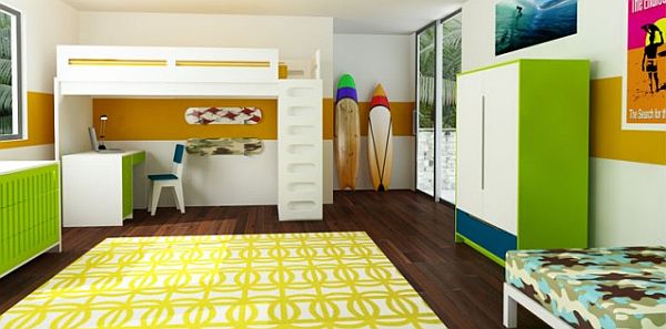 Colored Green Yellow Bright Colored Green White And Yellow Children Room With White Loft Bed And White Desk On Hardwood Floor Kids Room  Fantastic Kids Room Decoration That Make Imaginations Come True