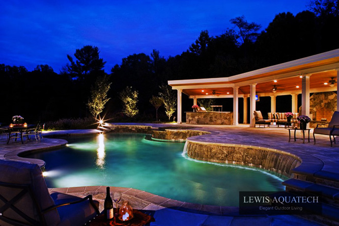 Lighting For Pool Bright Lighting For The Mediterranean Pool Another Fine Project By Lewis Aquatech With Irregular Shape And Cozy Patio Dream Homes Magnificent Outdoor Swimming Pool With Sensational Backyard And Patio