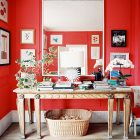 Ruby Red Wide Bright Ruby Red Wall With Wide Mirror Near The Artistic Wooden Table On The Hardwood Floor Decoration Shining Room Painting Ideas With Jewel Vibrant Colors