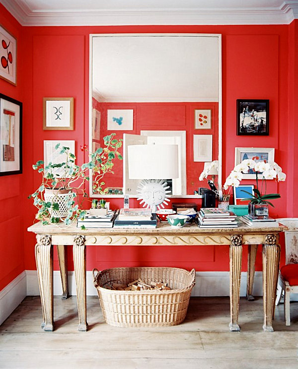 Ruby Red Wide Bright Ruby Red Wall With Wide Mirror Near The Artistic Wooden Table On The Hardwood Floor Decoration  Shining Room Painting Ideas With Jewel Vibrant Colors