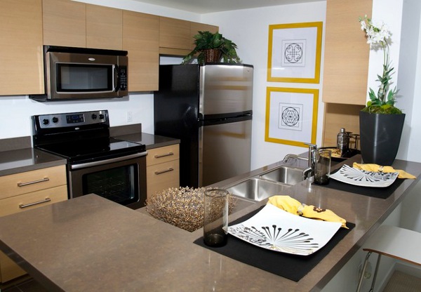 Design Of Apartment Brilliant Design Of The Dwellatvue Apartment Kitchen With Long Island And Wooden Drawers Near White Backsplash Decoration  Amazing Elegant Dwelling For Fantastic Modern Home Tour