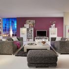 Living Room Balanced Captivating Living Room Style With Balanced Nuance Of White Room Interior Dark Grey Sofa And Purple Wall Painting For Modern Interior Look Living Room Vibrant Living Room Decoration With Colorful Furniture