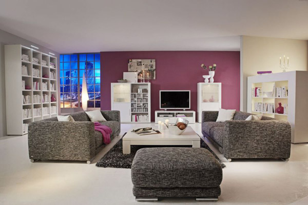 Living Room Balanced Captivating Living Room Style With Balanced Nuance Of White Room Interior Dark Grey Sofa And Purple Wall Painting For Modern Interior Look Living Room Vibrant Living Room Decoration With Colorful Furniture