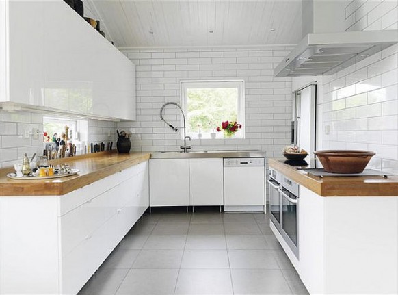 Sterile Kitchen With Captivating Sterile Kitchen Interior Decor With Wooden Countertops And Mixed With White Brick Walls And Grayish Floor Tiles Kitchens Fabulous White Kitchen Design In Cleanness And Fashionable Decoration