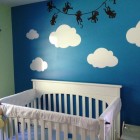 Blue Sky Clouds Cheerful Blue Sky And White Clouds Drawn As Vital Point Of Nursery Decor Ideas With White Crib Completed With Blue Mattress Decoration Lovely Nursery Decor Ideas With Secured Bedroom Appliances