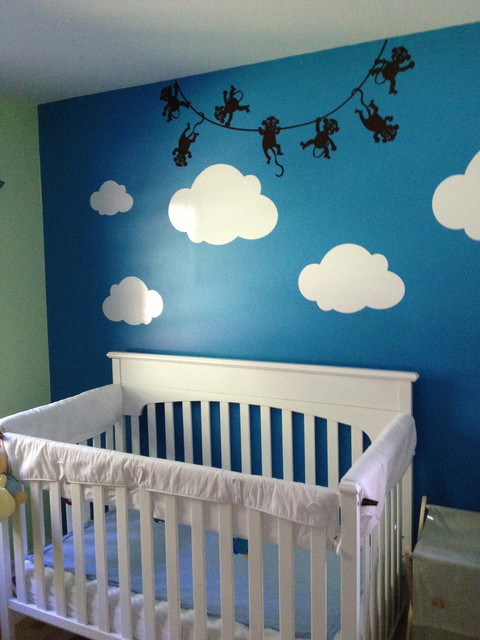 Blue Sky Clouds Cheerful Blue Sky And White Clouds Drawn As Vital Point Of Nursery Decor Ideas With White Crib Completed With Blue Mattress Decoration  Lovely Nursery Decor Ideas With Secured Bedroom Appliances