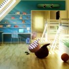 Green Kids Attic Cheerful Green Kids Room In Attic Area With Sweet Cyan Colored Center Wall With Open Shelves For Decorative Items Kids Room Creative Kids Playroom Design Ideas In Beautiful Themes