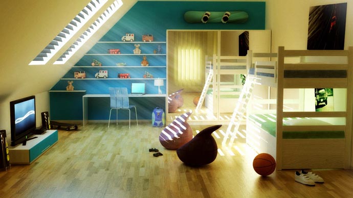 Green Kids Attic Cheerful Green Kids Room In Attic Area With Sweet Cyan Colored Center Wall With Open Shelves For Decorative Items Kids Room Creative Kids Playroom Design Ideas In Beautiful Themes