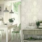 Antique White Decor Chic Antique White Kitchen Interior Decor With Stylish Jacquard Wallpaper And Display The Glamour Effect Inside Kitchens Fabulous White Kitchen Design In Cleanness And Fashionable Decoration