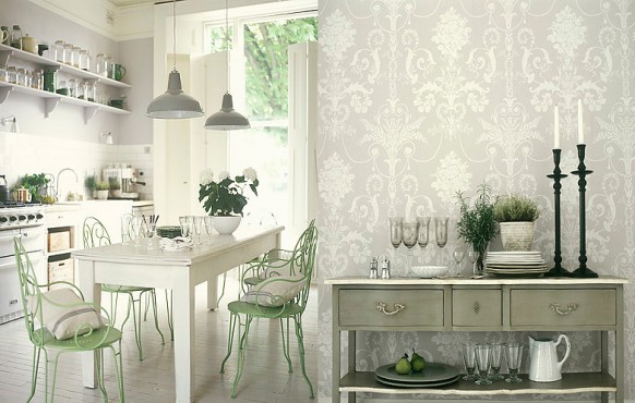 Antique White Decor Chic Antique White Kitchen Interior Decor With Stylish Jacquard Wallpaper And Display The Glamour Effect Inside Kitchens  Fabulous White Kitchen Design In Cleanness And Fashionable Decoration