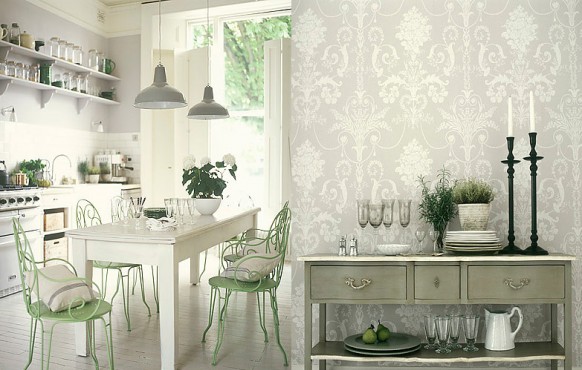 Antique White Decor Chic Antique White Kitchen Interior Decor With Stylish Jacquard Wallpaper And Display The Glamour Effect Inside Kitchens Fabulous White Kitchen Design In Cleanness And Fashionable Decoration