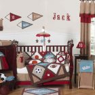 Baby Boy Idea Chic Baby Boy Crib Bedding Idea Involving Brown Painted Crib To Match Diaper Dresser With Blue And Red Splash Kids Room Enchanting Baby Boy Crib Bedding Applied In Colorful Baby Room