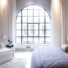 Arch Shaped Installed Classic Arch Shaped Framed Window Installed On Chic Montreal Penthouse Bedroom Center Wall With Heavy Drape Decoration Modest Home Decor And Modern Furniture Of Monochromatic Themes
