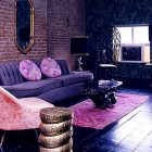 Exposed Brick Purple Classic Exposed Brick Wall In Purple Living Room With Purple Sofa And Purple Log Table On Pink Carpet Decoration Shining Room Painting Ideas With Jewel Vibrant Colors