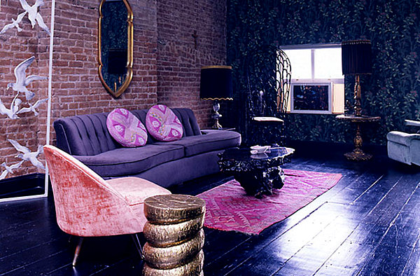 Exposed Brick Purple Classic Exposed Brick Wall In Purple Living Room With Purple Sofa And Purple Log Table On Pink Carpet Decoration  Shining Room Painting Ideas With Jewel Vibrant Colors