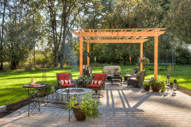 Garden Landscape Sofa Classic Garden Landscape With Vintage Sofa Set And Warm Stone Fire Pit Rustic Patio Pergola Ornamental Plants In Unique Pots Outdoor Elegant Terrace With Natural Patio Pergola For The Modern Homes