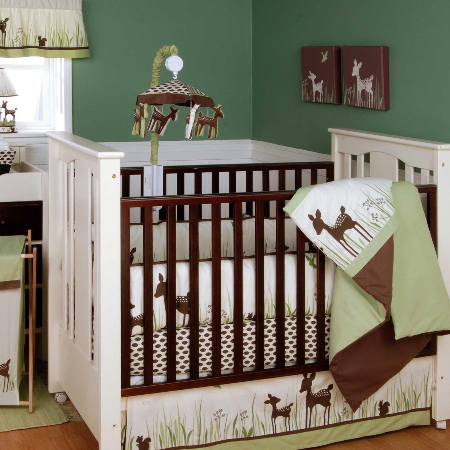 Mossy Green Room Classic Mossy Green Themed Nursery Room For Neutral Baby With White And Brown Mini Crib Bedding As Furnishing Kids Room  Astonishing Mini Crib Bedding Designed In Minimalist Model For Mansion