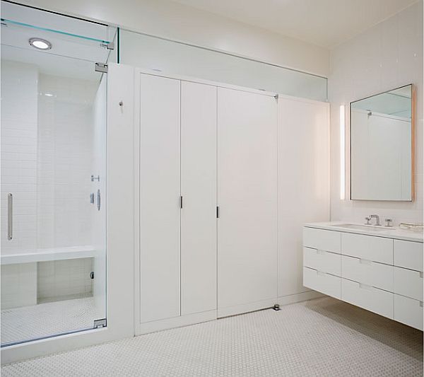 White Apartment Master Clean White Apartment Inspiration For Master Bathroom Enhanced With Glass Shower Solid Built In Wall Wardrobe Apartments Luminous White Loft With Vibrant Accent Colors In The Middle Of New York City