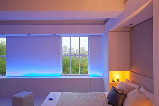 Lighting Attraction Bedroom Colorful Lighting Attraction In Minimalist Bedroom Of Contemporary Apartment With LED Mood Lighting In Purple And Orange Lights Decoration  Perfect Black And White Room Design Combined With LED Lighting