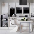 Modern White With Compact Modern White Kitchen Cabinet With Wooden Bookshelves And Stylish Dining Set With S Shaped Dining Chairs Kitchens Fabulous White Kitchen Design In Cleanness And Fashionable Decoration