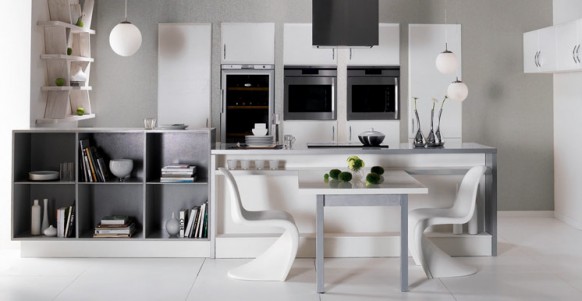 Modern White With Compact Modern White Kitchen Cabinet With Wooden Bookshelves And Stylish Dining Set With S Shaped Dining Chairs Kitchens  Fabulous White Kitchen Design In Cleanness And Fashionable Decoration