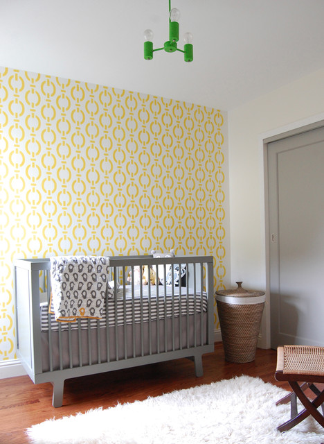 Kids Bedroom Grey Contemporary Kids Bedroom With Light Grey Custom Crib Bedding Places To Hit Wooden Chair And Yellow Wallpaper Kids Room Eye Catching Custom Crib Bedding In Minimalist And Colorful Scheme