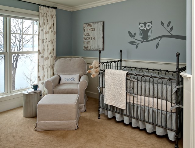 Nursery Decor Baby Contemporary Nursery Decor Ideas For Baby Boy Painted In Grey With Owl Decal Above The Wrought Iron Crib Idea Decoration  Lovely Nursery Decor Ideas With Secured Bedroom Appliances