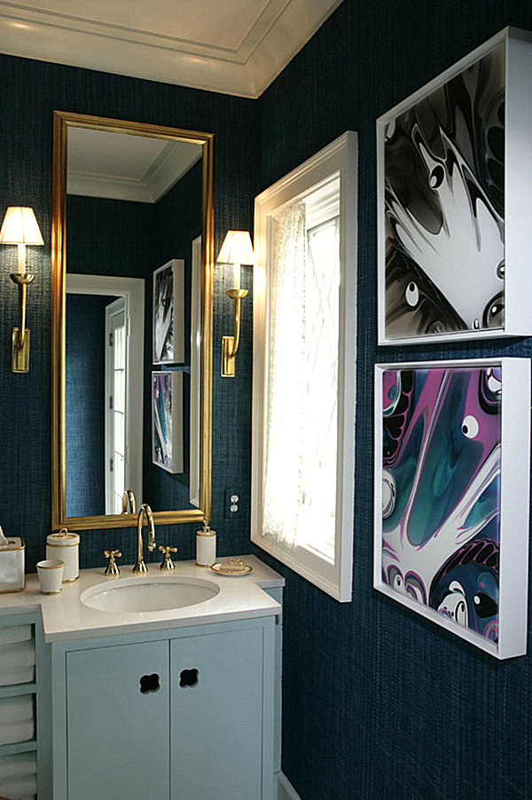 Sapphire Blue White Contemporary Sapphire Blue Bathroom With White Vanity And White Sink Under The Long Mirror On Blue Wall Decoration Shining Room Painting Ideas With Jewel Vibrant Colors
