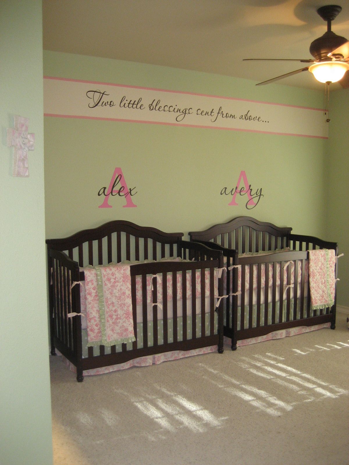 Green Painted Nursery Cool Green Painted Twin Baby Nursery Room Beautified With Pink Quotes And Nickname Decor Above Best Baby Cribs Kids Room Marvelous Best Baby Cribs Designed In Twins Model For Small Room