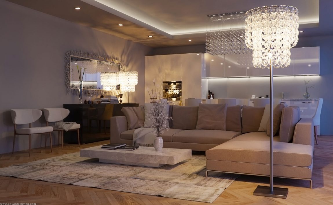 Project Design With Cool Project Design Caliman Eduard With Sparkling Chandelier And LED Light Sectional Sofa Marble Coffee Table Wood Floor Minimalist Cabinet Office & Workspace Luxury Living Room In Elegant Contemporary Style