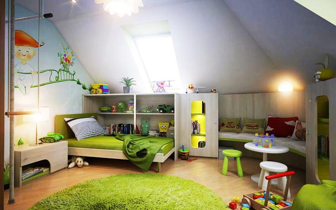 Setting Of Room Cool Setting Of Green Kids Room For Toddler With Platform Bed Chatting Nook And Toys Storage For Playing Area Kids Room Creative Kids Playroom Design Ideas In Beautiful Themes
