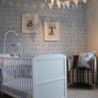 White And Boy Cool White And Blue Themed Boy Crib Bedding Decorated With Blue Wallpaper On Center Wall With Framed Alphabet Kids Room Vivacious Boys Crib Bedding Sets Applied In Modern Vintage Interior