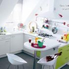 White Interior Childrens Creative White Interior Kitchen With Childrens Artwork And Furnished With Green Cabinets And Stylish Dining Seats Kitchens Fabulous White Kitchen Design In Cleanness And Fashionable Decoration