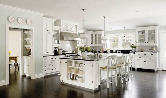Traditional Wooden White Delightful Traditional Wooden Floors With White Kitchen Island And Modern Storage Design Combined With Classy Drinking Chairs Kitchens  Fabulous White Kitchen Design In Cleanness And Fashionable Decoration