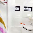White Bathroom Bathroom Eccentric White Bathroom With Floating Bathroom Vanity Large Mirror Colorful Wall Hook Modern Ceiling Lights Project Bogdan Golovchenko Decoration Minimalist Artistic Decor Accents For Your Small Living Space