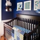 Navy Nursery Furnished Eclectic Navy Nursery Interior Style Furnished With Dark Brown Crib Covered By Blue White Crib Sheet And Blanket Kids Room Astonishing Crib Sheet For Baby In Small Minimalist Room
