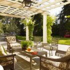 Patio Pergola Ornamental Eclectic Patio Pergola And Lovely Ornamental Plants Rectangular Coffee Table Upholstered Armchairs Classic Pendant Light Outdoor Dining Set Outdoor Elegant Terrace With Natural Patio Pergola For The Modern Homes