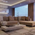 Sectional Sofa Table Eclectic Sectional Sofa Marble Coffee Table Shiny LED Light Crystal Chandelier Precious Fake Flower Sheer Curtain Project Design Caliman Eduard Living Room Luxury Living Room In Elegant Contemporary Style