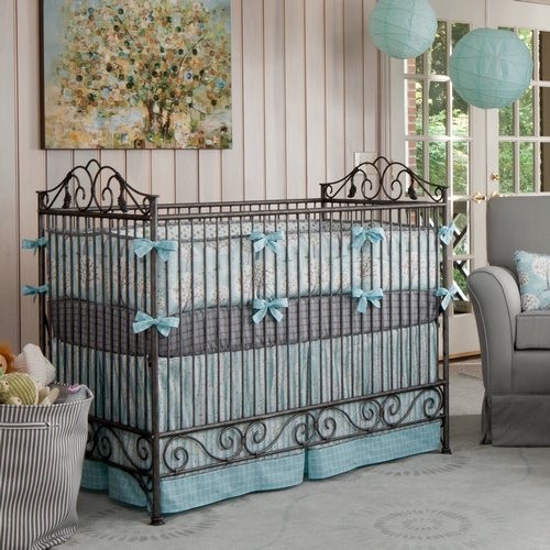 Black Wrought Enhanced Elegant Black Wrought Iron Crib Enhanced With Baby Blue Crib Skirts Decorated With Baby Blue Ribbons And Pendants Kids Room Magnificent Crib Skirts Designed In Modern Style Made From Wood