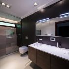 Dark Themed Bathroom Elegant Dark Themed Bucharest Home Bathroom Interior Featured With Glass Enclosed Shower Toilet And Vanity Living Room Sleek Beige Living Room In Brown Wood Flooring With Grey Wall Accent (+7 New Images)