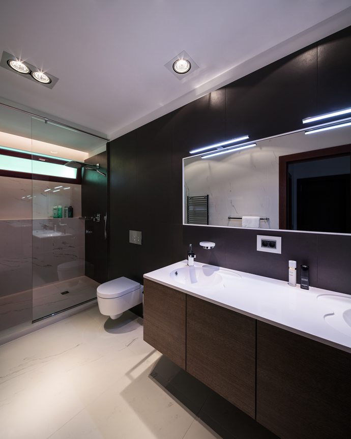 Dark Themed Bathroom Elegant Dark Themed Bucharest Home Bathroom Interior Featured With Glass Enclosed Shower Toilet And Vanity Office & Workspace  Sleek Beige Living Room In Brown Wood Flooring With Grey Wall Accent